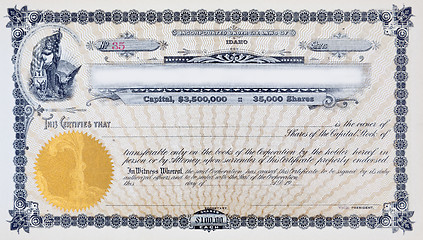 Image showing Vintage Stock Certificate Vignette Woman American Flag Moose Eag