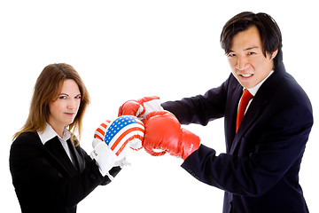 Image showing Asian Man White Woman Boxing Gloves Suit Flag