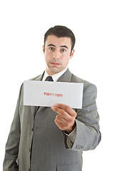 Image showing Unhappy Hispanic Man Suit Holding Foreclosure Notice White Backg