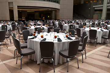 Image showing Large Room Set Up for a Banquet, Round Tables