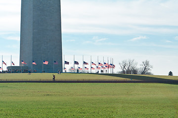 Image showing Base Washington Monument Surrounded American Flags