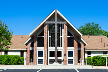 Image showing Modern Church with Large Cross in Front