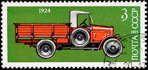 Image showing Canceled Soviet Russia Postage Stamp Side View Antique Truck