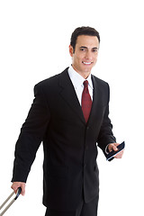 Image showing Celebrating Caucasian Man Suit Holding Laptop Isolated White Bac