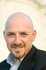 Image showing Smiling Caucasian Man Shaved Head Goatee Isolated