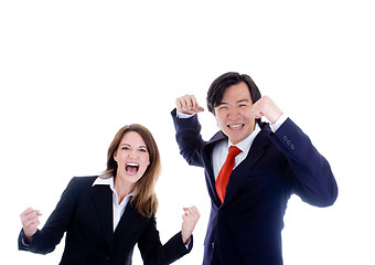 Image showing Happy Business Team, Asian Man Caucasian Woman Cheering White Ba