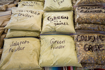 Image showing Bags Green Chile Powder For Sale Market Stall New Mexico