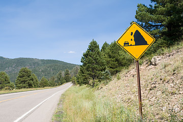 Image showing Falling Rock Sign Along Country Road  Valles Caldera, New Mexico