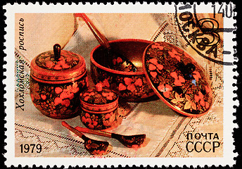 Image showing Canceled Soviet Russia Postage Stamp Khokhloma Lacquer Bowl Spoo