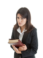 Image showing Mournful Caucasian Woman Holding Bible Isolated White Background