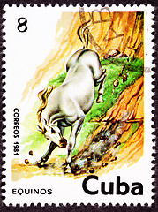Image showing Canceled Cuban Postage Stamp White Horse Running Down Steep Hill