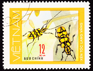 Image showing Canceled Vietnam Postage Stamp Pair Yellow Beetles Antenna On Pl