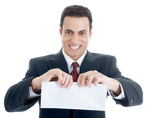 Image showing Furious Caucasian Businessman Tearing Envelope Isolated on White