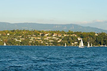 Image showing Lake Geneva Switzerland Lakeside Sailboats and Homes