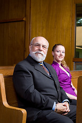 Image showing Senior Man Young Woman Smiling Church Pew