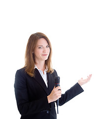 Image showing Smiling Caucasian Woman Holding Wireless Microphone Gesturing Wh
