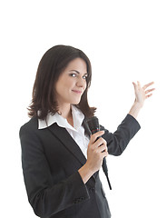 Image showing Caucuasian Woman Holding Wireless Microphone Gesturing Isolated 