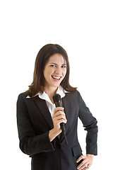 Image showing Smiling Business Woman Wireless Microphone Isolated