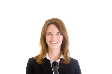 Image showing Happy Caucasian Woman Smiling at Camera Holding Microphone