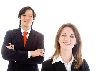 Image showing Smiling Caucasian Business Woman, Asian Businessman Team, White 
