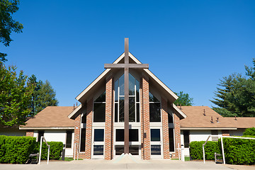 Image showing Front Modern Church Big Cross Blue Sky 