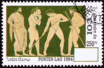 Image showing Laos Postage Stamp Side View Nude Greek Athletes Laurel Wreath