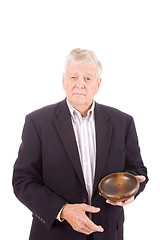 Image showing Older Caucasian Man Holding Wooden Bowl, Isolated