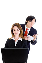 Image showing Business Man Cheating Stealing Shoulder Surfing Woman