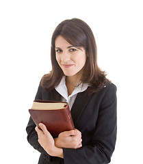 Image showing Smiling Woman Holding Bible Closely Isolated White