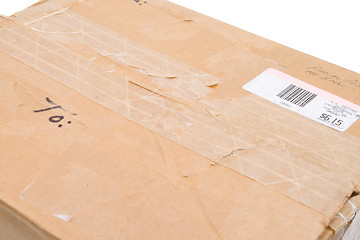 Image showing Grungy Old Cardboard Box Postage Sticker Isolated