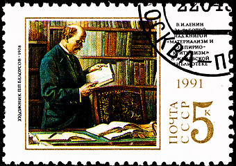 Image showing Lenin in Library Reading Book Researching