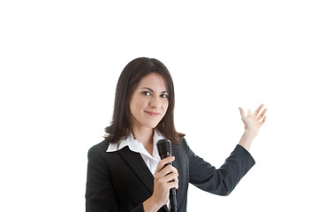 Image showing Woman Holding Microphone Pointing, Isolated White