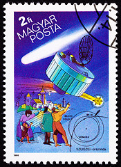 Image showing Hungarian Postage Stamp Suisei Space Probe, Halley's Comet, Peop