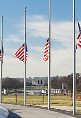 Image showing American Flags Half Mast WWII Lincoln Memorial