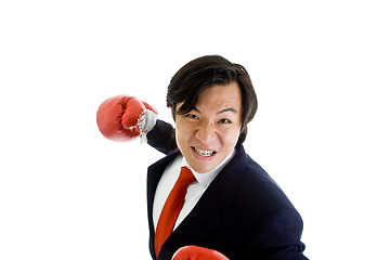 Image showing Angry Asian Man Suit Boxing Glove Punching Isolated White Backgr