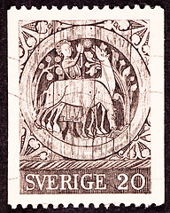 Image showing Canceled Swedish Postage Stamp Carving Wooden Door St. Stephen, 