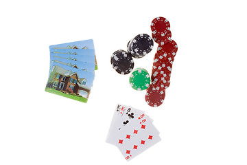 Image showing Bet the House Pile Poker Chips House Playing Cards