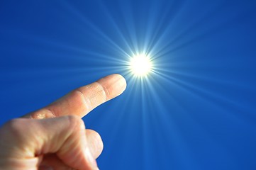 Image showing hand fingers sky and sun