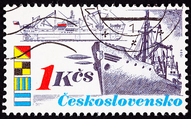 Image showing Canceled Czechoslovakian Postage Stamp Vintage Freighter Bow Sid