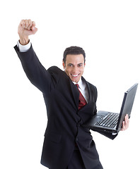 Image showing Celebrating Caucasian Man Suit Holding Laptop Isolated White Bac