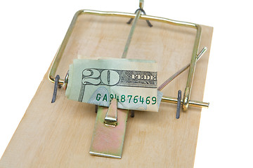 Image showing Folded $20 Twenty Dollar Bill Mousetrap Isolated