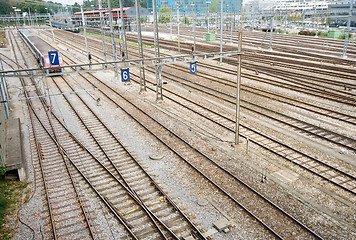 Image showing Train Yard and Tracks Geneva Switzerland Wide Angle Lens