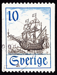 Image showing Canceled Sweden Postage Stamp Old Swedish Sailing Ship Flag Ocea