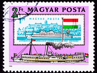 Image showing Canceled Hungarian Postage Stamp Old New Boats Danube Buda Castl