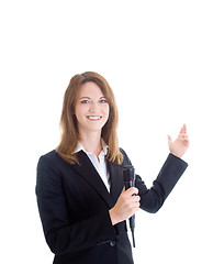 Image showing Smiling Caucasian Woman Holding Wireless Microphone Gesturing Wh