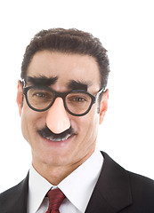 Image showing Smiling Businessman Wearing Groucho Marx Glasses Isolated on Whi