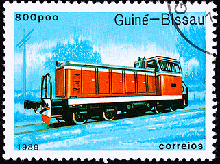 Image showing Canceled Guinea-Bissau Train Postage Stamp Red Railroad Diesel E