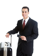 Image showing Smiling Caucasian Man Traveling With Suitcase Passport Isolated 