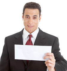 Image showing Surprised Caucasian Business Man Holding Blank Envelope, Isolate