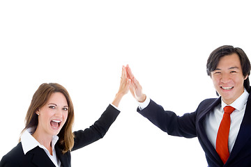 Image showing Happy Business Team, Asian Man Caucasian Woman High Five